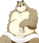  2019 anthro balls belly blush canid canine chizu humanoid_hands male mammal moobs navel nipples overweight overweight_male raccoon_dog simple_background sitting solo tanuki text ti_du towel white_background ちづ 