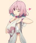  1girl ahoge blue_hair bra bracelet breasts eyebrows_visible_through_hair from_side heart idolmaster idolmaster_cinderella_girls jewelry large_breasts lifted_by_self looking_at_viewer midriff mikoto_akemi multicolored_hair pink_background pink_eyes pink_hair shirt shirt_lift short_hair short_sleeves simple_background solo t-shirt two-tone_hair underwear upper_body white_bra white_shirt yumemi_riamu 