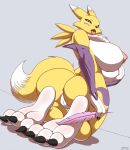  3_toes anus big_breasts big_butt breast_grab breasts butt digimon digimon_(species) feathers female foot_fetish foot_focus hand_on_breast hi_res looking_at_viewer looking_back nipples open_mouth pussy renamon solo tickling toes tongue zp92 