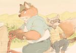  2019 anthro belly black-footed_ferret canid canine clothing disney duo fox gideon_grey hat headgear headwear humanoid_hands male mammal mustela mustelid musteline pants shirt sitting slightly_chubby takakei1 topwear travis_(zootopia) zootopia 