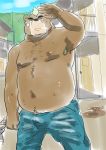  2019 absurd_res anthro ashigara belly brown_fur clothing detailed_background fur hi_res humanoid_hands male mammal moobs navel nipples overweight overweight_male pants solo tokyo_afterschool_summoners ujishiyo ursid video_games 