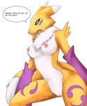  2017 anthro armwear black_sclera blue_eyes breasts canid canine chest_tuft clothing dialogue digimon digimon_(species) digital_media_(artwork) elbow_gloves english_text female fur gloves hi_res mammal master mostly_nude nipples pussy renamon rsin simple_background solo standing sweat text tuft white_background white_fur yellow_fur 