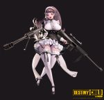  1girl absurdres black_background destiny_child full_body gun highres hildr_(destiny_child) holding holding_gun holding_weapon lips long_hair looking_at_viewer maid maid_headdress nightmadness official_art open_mouth rifle shoes simple_background sniper_rifle solo standing thick_thighs thighhighs thighs weapon white_legwear 
