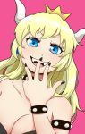  1girl bare_shoulders blonde_hair blue_eyes bowsette bracelet breasts collar crown earrings eyebrows_visible_through_hair fangs fingernails horns jewelry large_breasts long_hair looking_at_viewer mario_(series) nail_polish new_super_mario_bros._u_deluxe nintendo pink_background ponytail sharp_fingernails sharp_teeth simple_background smug solo spiked_armlet spiked_bracelet spiked_collar spikes super_crown teeth 