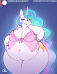  2018 anthro anthrofied belly big_belly clothing cutie_mark deep_navel digital_media_(artwork) ear_piercing equid eyeshadow female friendship_is_magic front_view hair horn huge_hips long_hair looking_at_viewer makeup mammal multicolored_hair my_little_pony navel nekocrispy obese obese_female overweight overweight_female piercing princess_celestia_(mlp) simple_background solo thick_thighs unicorn voluptuous wide_hips 