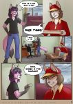  anthro canid canine clothed clothing comic dialogue duo english_text food fox hat headgear headwear hi_res inside male mammal money mosa open_mouth pizza sitting smile standing text 