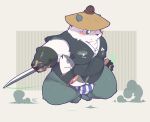  2016 anthro blush clothing fish fundoshi giant_panda hat headgear headwear hi_res humanoid_hands japanese_clothing male mammal marine melee_weapon overweight overweight_male quanjiang robe solo straw_hat sword underwear ursid weapon 