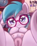  2019 animal_genitalia animal_pussy earth_pony equid equine equine_pussy eyelashes eyewear fan_character female feral glasses horse looking_at_viewer mammal my_little_pony pestil pony pussy solo sweat sweatdrop young 