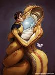  alien anthro black_clothing black_sclera black_shirt black_topwear butt clothing cobra coiling eyes_closed female french_kissing hemlockgrimsby hi_res human human_on_anthro interspecies kissing larger_female male mammal naga nude reptile scales scalie shirt size_difference smaller_male snake topwear video_games viper_(x-com) wide_hips x-com yellow_eyes yellow_scales 