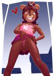  &lt;3 2019 anthro anus bottomwear brown_fur clothed clothing cub female fur hair hi_res mammal penny_(ceeb) presenting presenting_pussy pussy red_hair shirt sicmop skirt solo tank_top topwear upskirt ursid young 