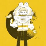  1girl astronaut astronaut_helmet black_eyes crater expressionless feet_out_of_frame flag halftone highres holding holding_flag keke_(kotowari) long_sleeves looking_at_viewer monochrome moon no_nose original solo spacesuit standing yellow_theme 