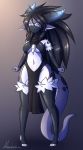  2019 absurd_res anthro armwear assassin black_hair blue_eyes breasts clothed clothing digital_media_(artwork) dragon female glowing grey_skin hair hazeker hi_res horn leather legwear long_hair looking_at_viewer mammal ruuji scales scalie scarf short_stack simple_background solo stockings thick_thighs thigh_highs toeless_stockings white_skin wide_hips 