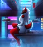  absurd_res black_fur female fluffy fur futuristic hi_res machine miosha noisy_(character) protogen red_fur robot sitting solo white_fur 