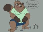  2019 3_toes andythetanuki anthro belly brown_fur canid canine clothed clothing digital_media_(artwork) english_text fur hair macro male mammal micro moobs open_mouth overweight overweight_male paws raccoon_dog simple_background size_difference tanuki text toes 