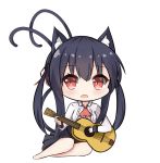  1girl :d animal_ear_fluff animal_ears ascot bangs barefoot black_hair black_skirt blush breasts cat_ears cat_girl cat_tail chibi chisuzu_mei collared_shirt eyebrows_visible_through_hair fangs full_body guitar hair_between_eyes hair_ribbon highres holding holding_instrument instrument long_hair long_sleeves looking_at_viewer medium_breasts multiple_tails nagato-chan open_mouth paryi_project pleated_skirt red_eyes red_neckwear red_ribbon revision ribbon shirt sidelocks simple_background skirt smile solo tail tail_raised twintails two_tails very_long_hair virtual_youtuber white_background white_shirt 