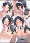  1boy 1girl :d apron bangs black_hair blush breasts censored cleavage clothed_female_nude_male erection fellatio grin hayami_kanade hetero highres idolmaster idolmaster_cinderella_girls jjune licking looking_at_viewer maid_apron maid_headdress mosaic_censoring navel nude open_mouth oral parted_bangs penis short_hair smile teeth tongue tongue_out 