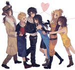  bad_id bad_pixiv_id black_hair blonde_hair blue_eyes blush boots breasts brown_hair closed_mouth cowboy_hat dress final_fantasy final_fantasy_viii flipped_hair gloves hat humiyooo irvine_kinneas jacket jewelry long_hair multiple_boys multiple_girls necklace open_mouth quistis_trepe rinoa_heartilly selphie_tilmitt short_hair simple_background skirt sleeveless_duster smile squall_leonhart white_background yellow_overalls yellow_skirt zell_dincht 