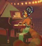  2019 ailurid anthro clothed clothing detailed_background dress female fluffy fluffy_tail fur gloves hair inside mammal musical_instrument orange_fur piano red_panda sitting stealthnachos 
