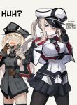  10s 2girls ;o bismarck_(kantai_collection) black_gloves black_legwear blonde_hair blue_eyes blush breasts brown_gloves capelet celtic_knot commentary_request gloves graf_zeppelin_(kantai_collection) hard_translated hat hat_tip iron_cross iwasaki_takashi kantai_collection large_breasts long_hair military military_hat military_uniform miniskirt multiple_girls one_eye_closed pantyhose peaked_cap pleated_skirt sideboob simple_background skirt translated twintails uniform white_background 