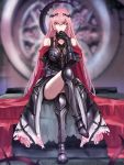  1girl alternate_costume armored_boots armored_gloves bare_shoulders blurry boots cape depth_of_field fantasy gauntlets girls_frontline hair_between_eyes hand_on_own_chin highres legs_crossed long_hair mmm_(ji1945) negev_(girls_frontline) pink_hair plant red_cape red_eyes short_braid sidelocks solo thighs vines 