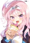  1girl :d absurdres blue_eyes commentary_request drinking_straw hairband highres hoerutarou long_hair looking_at_viewer open_mouth original pink_eyes pink_hair reiwa simple_background smile solo upper_body white_background 