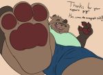  2019 3_toes absurd_res andythetanuki anthro belly blush brown_fur canid canine clothed clothing digital_media_(artwork) english_text fur hair hi_res looking_at_viewer macro male mammal micro moobs open_mouth overweight overweight_male pawpads paws raccoon_dog simple_background solo tanuki text toes 