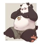  2016 anthro belly blush bottomwear clothing eyewear giant_panda glasses hi_res humanoid_hands male mammal moobs navel nipples overweight overweight_male quanjiang shorts sitting solo ursid 