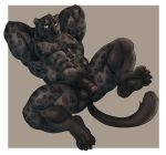  2018 4_toes abs absurd_res adios anthro armpit_hair balls barefoot biceps biped black_balls black_claws black_eyebrows black_fur black_nipples black_nose black_pawpads black_penis black_spots black_tail border claws digital_media_(artwork) eyebrows felid flaccid fur green_eyes grey_background hands_behind_head hi_res humanoid_penis jaguar looking_at_viewer lying male mammal melanistic muscular muscular_male nipples nude on_back pantherine pawpads pecs penis pubes quads serratus simple_background slade_kobayashi smile solo spots spotted_fur toe_claws toes uncut vein veiny_penis white_border 