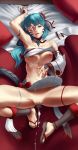  1girl aftersex aqua_eyes arm_up armpits au_ra bare_shoulders bed_sheet black_ribbon blue_hair bow breasts censored collarbone commentary_request commission cum cum_in_pussy cum_on_stomach cumdrip detached_collar detached_sleeves detached_sleeves_removed dragon_tail eyebrows_visible_through_hair facial final_fantasy final_fantasy_xiv flip-flops from_above hair_ornament hair_ribbon hand_on_own_stomach highres horns jiffic large_breasts licking_lips long_hair looking_at_viewer lying navel nipples on_back on_bed one_eye_closed open_mouth partial_commentary pillow pussy_juice red_bow ribbon sandals scales sheet_grab skirt solo spread_legs tail tongue tongue_out uncensored 