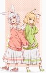  2girls ahoge animal_ears back-to-back blonde_hair bunny_ears commentary_request fox_ears fox_tail full_body green_eyes green_sweater hair_ornament hairclip high_heels jerry3912 long_hair low_twintails multiple_girls off_shoulder open_mouth original oversized_clothes pink_sweater red_eyes shoes short_hair silver_hair skirt sleeves_past_wrists smile sneakers sweater tail twintails white_skirt 