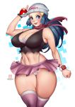  1girl arm_up artist_name bare_shoulders beanie black_shirt blue_eyes blue_hair blush bokuman breasts cameltoe cleavage clenched_hand creatures_(company) crop_top female game_freak hair_ornament hairclip happy hat highleg highleg_panties hikari_(pokemon) holding holding_poke_ball huge_breasts jpeg_artifacts long_hair looking_to_the_side microskirt midriff navel nintendo open_mouth panties pink_legwear pink_scarf pink_skirt pleated_skirt poke_ball poke_ball_(generic) poke_ball_symbol poke_ball_theme pokemon pokemon_(game) pokemon_dppt scarf shiny shiny_hair shirt simple_background skindentation skirt sleeveless sleeveless_shirt smile solo standing teeth thick_thighs thighhighs thighs tied_hair underwear watch watermark white_background white_headwear white_panties wristband wristwatch 