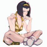  1girl bare_shoulders black_hair boots breasts bright_pupils chromatic_aberration cleavage closed_mouth collarbone cowboy_bebop cowboy_shot faye_valentine fingernails full_body green_eyes hair_intakes hairband hands_up indian_style looking_at_viewer medium_breasts multicolored multicolored_eyes pink_legwear purple_eyes shioaji_(siolog) short_hair shorts simple_background sitting solo thighhighs white_background white_footwear white_pupils yellow_hairband yellow_shorts zettai_ryouiki 