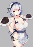  &gt;:) 1girl apron azur_lane bangs bare_shoulders black_hairband black_panties blush breasts brown_eyes cleavage closed_mouth collarbone commentary_request eyebrows_visible_through_hair food frilled_apron frills grey_background hairband highres holding holding_plate irohasu large_breasts looking_at_viewer nearly_naked_apron panties plate short_hair side-tie_panties silver_hair simple_background sirius_(azur_lane) smile solo thighhighs underwear v-shaped_eyebrows white_apron white_legwear 