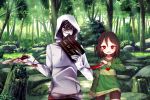  black_hair blood blush brown_hair chara chara_(undertale) creepypasta crossover female forest hetero jeff_the_killer knife long_hair looking_at_viewer male nature red_eyes smile standing undertale 