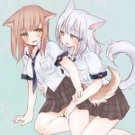  2girls animal_ears blush brown_hair cat_ears commentary_request dog_ears dog_tail green_eyes hands_on_another&#039;s_thighs medium_hair multiple_girls necktie nekoya_saki original pleated_skirt school_uniform silver_hair simple_background sitting skirt tail yellow_eyes yokozuwari yuri 