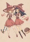  2girls aaaabo asahina_mirai bangs black_hair black_legwear blonde_hair blunt_bangs bow braid collared_shirt dress eyes_closed fork frilled_dress frills full_body hand_holding hat hat_bow highres izayoi_liko kneehighs long_hair long_sleeves mahou_girls_precure! multiple_girls pink_eyes plaid plaid_bow precure red_bow red_dress red_headwear shirt short_hair spoon white_legwear witch_hat 