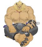  2016 5_toes 96_gatefield abs belt blonde_mane blue_eyes bulge digimon digimon_(species) ear_piercing erection felid foot_focus leomon looking_at_viewer male mammal mane muscular muscular_male nipples pantherine pecs piercing sheathed_sword sitting solo toes vein 