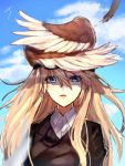  1girl blonde_hair blue_eyes blue_sky blurry cloud depth_of_field feathers hair_between_eyes hanna-justina_marseille head_wings long_hair miyoichi_(_miyoichi) parted_lips shaded_face signature sky solo strike_witches upper_body wind world_witches_series 