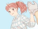  1boy 1girl blush breasts commentary_request earrings fio_piccolo highres honoboooono jewelry kurenai_no_buta looking_at_viewer plaid ponytail porco_rosso_(character) red_hair shirt short_hair smile studio_ghibli 