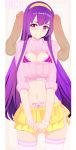  1girl blush bra breasts cleavage eyebrows_visible_through_hair glasses hairband headband highres large_breasts long_hair looking_at_viewer navel parted_lips penis pubic_tattoo purple_eyes purple_hair rezodwel skirt smile stockings sweater tattoo underwear 