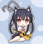  1girl :d animal_ear_fluff animal_ears ascot bangs barefoot black_hair black_skirt blue_background blush breasts cat_ears cat_girl cat_tail chibi chisuzu_mei collared_shirt commentary_request eyebrows_visible_through_hair fangs full_body guitar hair_between_eyes hair_ribbon highres holding holding_instrument instrument long_hair long_sleeves looking_at_viewer medium_breasts multiple_tails nagato-chan open_mouth outline paryi_project pleated_skirt red_eyes red_neckwear red_ribbon revision ribbon shirt sidelocks skirt smile solo tail tail_raised twintails two_tails very_long_hair virtual_youtuber white_outline white_shirt 