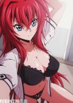 1girl arm_up blue_eyes bow bow_bra bow_panties bra breasts cleavage flou high_school_dxd highres large_breasts lingerie long_hair looking_at_viewer navel open_clothes outstretched_arm panties patreon_username red_hair rias_gremory self_shot short_sleeves smile solo squatting underwear 