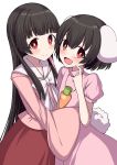  2girls absurdres animal_ears bangs black_hair blouse blunt_bangs blush bob_cut bow bowtie bright_pupils bunny_ears bunny_tail carrot_necklace commentary_request dress eyebrows_visible_through_hair finger_to_cheek hair_between_eyes head_tilt head_to_head highres hime_cut houraisan_kaguya hug inaba_tewi long_hair looking_at_viewer multiple_girls open_mouth pink_blouse pink_dress puffy_short_sleeves puffy_sleeves red_eyes red_skirt short_sleeves sidelocks simple_background skirt sleeves_past_fingers sleeves_past_wrists smile standing tail touhou tsukimirin upper_body very_long_hair white_background white_neckwear white_pupils 