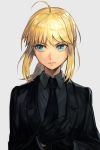  1girl ahoge aqua_eyes artoria_pendragon_(all) black_gloves black_neckwear black_suit blonde_hair blue_eyes facing_viewer fate/zero fate_(series) formal gloves grey_background grey_shirt hankuri long_sleeves necktie ponytail saber shirt simple_background solo suit 