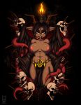  2019 abs abstract_background anthro baphomet_(species) black_background black_hair blood bovid breasts buckteeth caprine caprine_demon cigarette clothed clothing demon ear_piercing feathered_wings feathers female fire grin hair hi_res horn loincloth long_tongue looking_at_viewer mammal nipple_piercing nipples piercing red_eyes robe simple_background skull smile smoking solo spikes teeth tentacles tongue tongue_piercing topless undressing wings zombieray10 