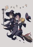  3girls aaaabo bangs blonde_hair blunt_bangs boots broom broom_riding brown_eyes brown_hair eyebrows_visible_through_hair eyes_closed freckles glasses grey_background hair_over_one_eye hat hat_removed headwear_removed highres kagari_atsuko little_witch_academia long_hair long_sleeves lotte_jansson luna_nova_school_uniform multiple_girls profile purple_hair red-framed_eyewear red_eyes round_eyewear school_uniform semi-rimless_eyewear shiny_rod short_hair simple_background smile sucy_manbavaran under-rim_eyewear wide_sleeves witch witch_hat 
