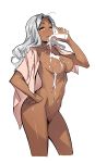  1girl :d breasts cleavage cup dark_skin drinking drinking_glass eyeliner green_eyes groin hand_on_hip highres long_hair looking_at_viewer makeup milk navel nipples open_mouth original simple_background smile solo spilling twinpoo white_background 