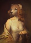  absurd_res anthro black_nose blue_eyes breasts canid canine canis clothed clothing domestic_dog female floppy_ears hair half-length_portrait hi_res ira-arn looking_aside mammal portrait solo 