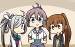  3girls ahoge aoba_(kantai_collection) asashimo_(kantai_collection) black_jacket black_sailor_collar blue_eyes blue_scrunchie brown_eyes brown_hair cellphone commentary_request cowboy_shot crescent crescent_moon_pin dated fumizuki_(kantai_collection) grey_eyes hair_ornament hair_over_one_eye hair_scrunchie halterneck hamu_koutarou highres jacket kantai_collection long_hair messy_hair multiple_girls neckerchief necktie phone ponytail purple_hair purple_sailor_collar purple_shorts remodel_(kantai_collection) sailor_collar school_uniform scrunchie serafuku shirt short_ponytail shorts silver_hair white_neckwear white_shirt yellow_neckwear 