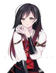  1girl :o alternate_hair_length alternate_hairstyle artist_name black_dress black_hair corset dress flower gradient_hair grey_eyes lips long_hair long_sleeves multicolored_hair red_hair rose ruby_rose rwby silver_eyes smile sunnypoppy two-tone_hair white_flower white_rose 